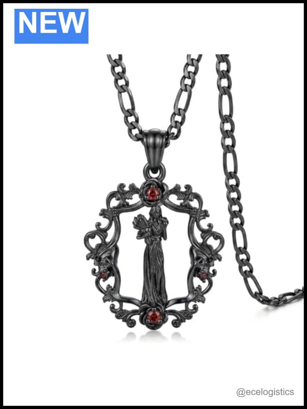 Persephone Pendant Necklace Stainless Steel Figaro Chain 22in